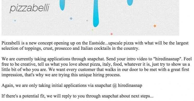 L'avenir est maintenant: snapchat est votre curriculum vitae pour ce lieu de pizza