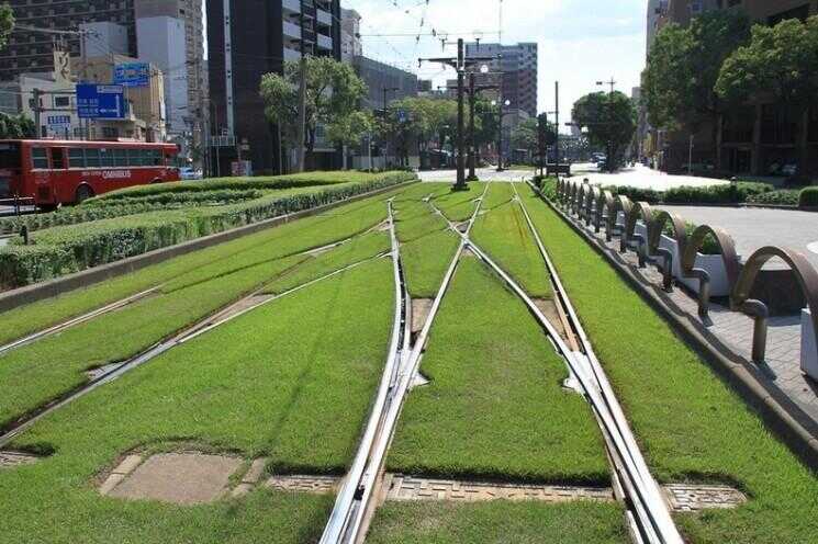 voies de tram de l'herbe couverte en Europe